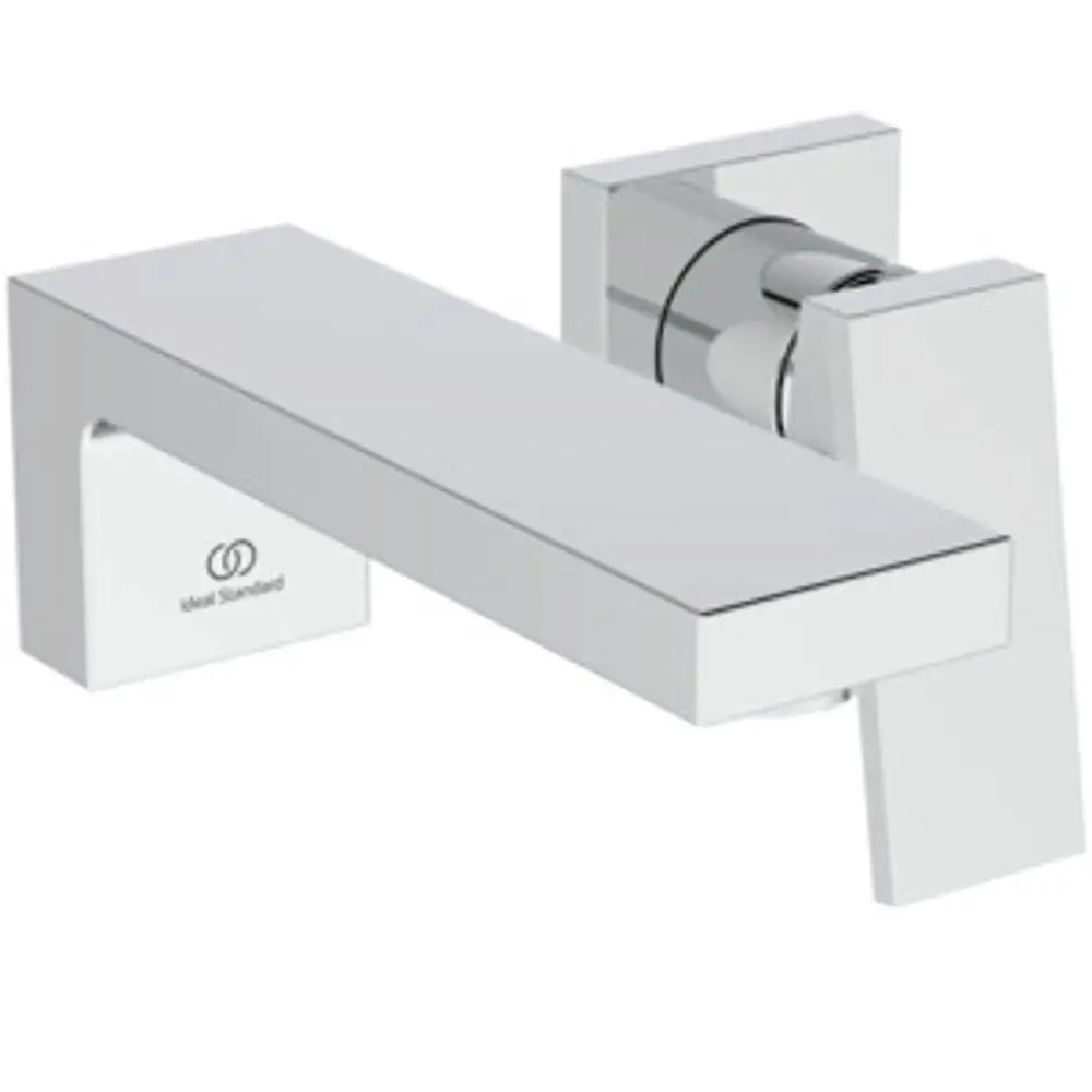 Chromene Wand-Wascharmatur von Ideal Standard, mit rechteckiger Form und flacher Auslaufkante, geeignet für Badinstallationen.